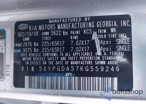 2019 Kia Sorento 3.3L Lx from USA, damaged, VIN 5XYPGDA57KG559246